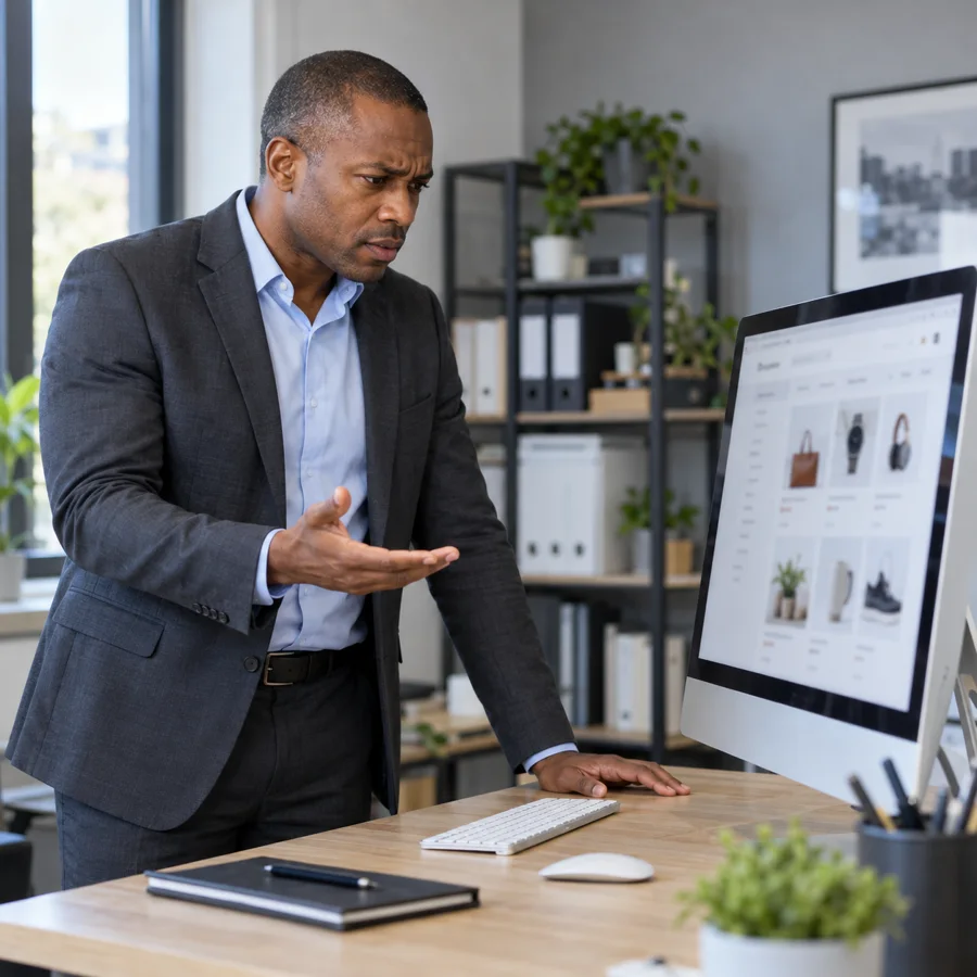 Escena ilustrativa de un empresario preocupado revisando su tienda online en un monitor