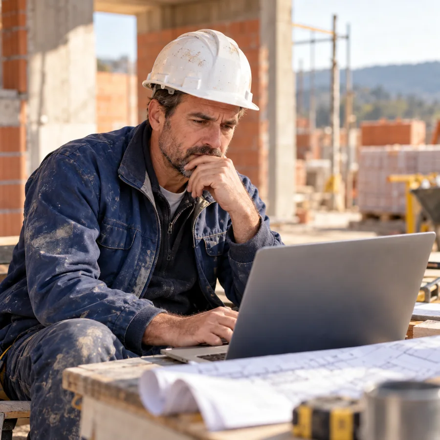 Escena ilustrativa de un profesional de la construcción revisando su web desde la obra
